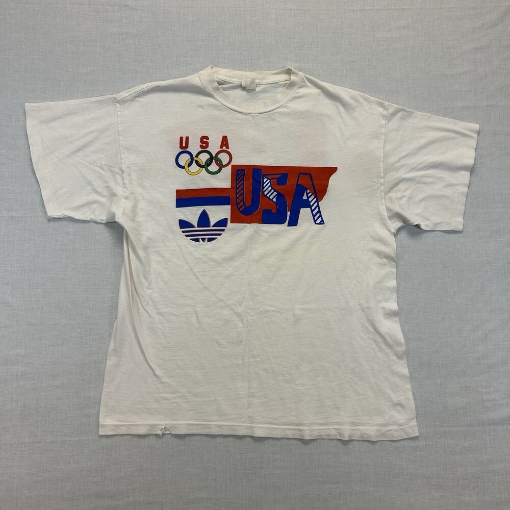 Vintage 1980s Adidas Olympics Summer Games T-Shirt Men's Large White Graphic Tee